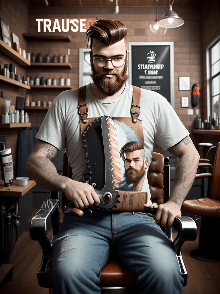 AI generated: Square (1:1) digital art. Depict a cheerful hipster barber with an oversized chainsaw in hand. The t...