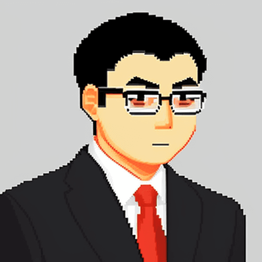 AI generated: Big Glasses, Chinese politician, red tie, blank suit, pixel art, 8 bit