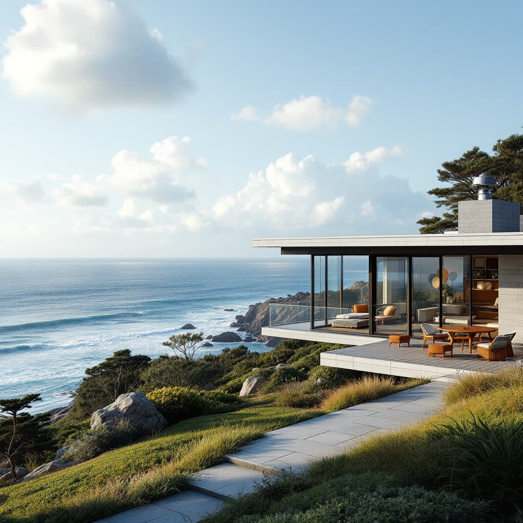 AI generated: Hyper realistic eye level exterior photo of a mid century modern style house overlooking the ocean, ...