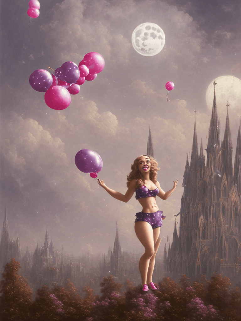 AI generated: full body, girl, woman, flying clown, pin-up, crowded city background, kind smile, happy, generous, ...