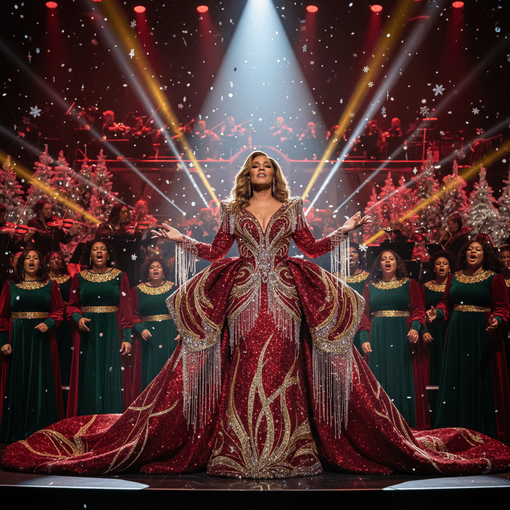 AI generated: A dazzling female superstar on stage, glamorous Christmas concert, wearing an extravagant couture go...