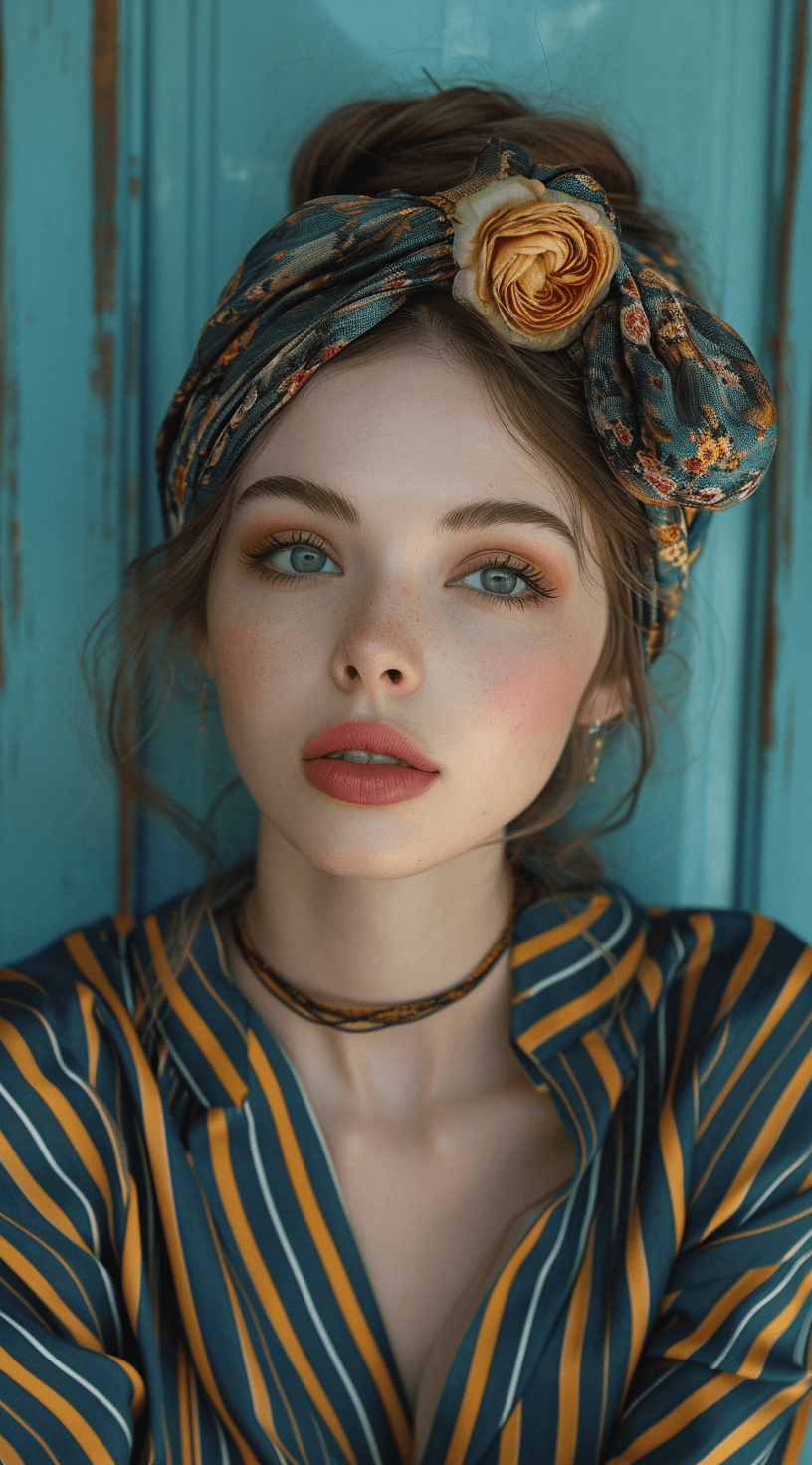 AI generated: a beautiful woman in a striped shirt poses for a photo, in the style of onii kei, light indigo and d...