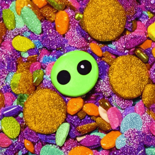 AI generated: cosmos of pascal colorful falling strip sweets mascot with sugar sprinkles and two large glassed eye...