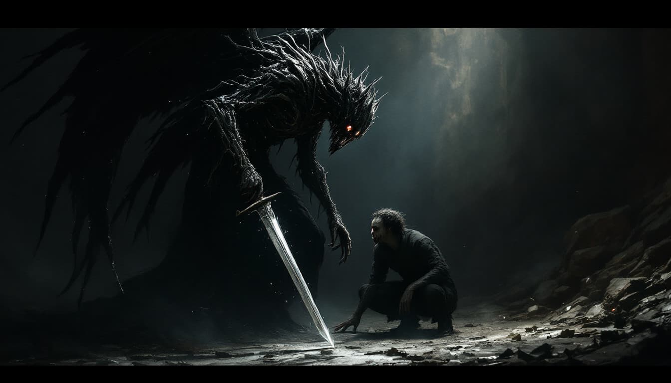 AI generated: A dark and macabre 9:21 portrait depicting a side-view of a twisted, abominable angel, wielding a sw...