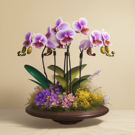 AI generated: wide angle photograph of a large and bountiful orchid and wild blossoms arrangement being displayed:...