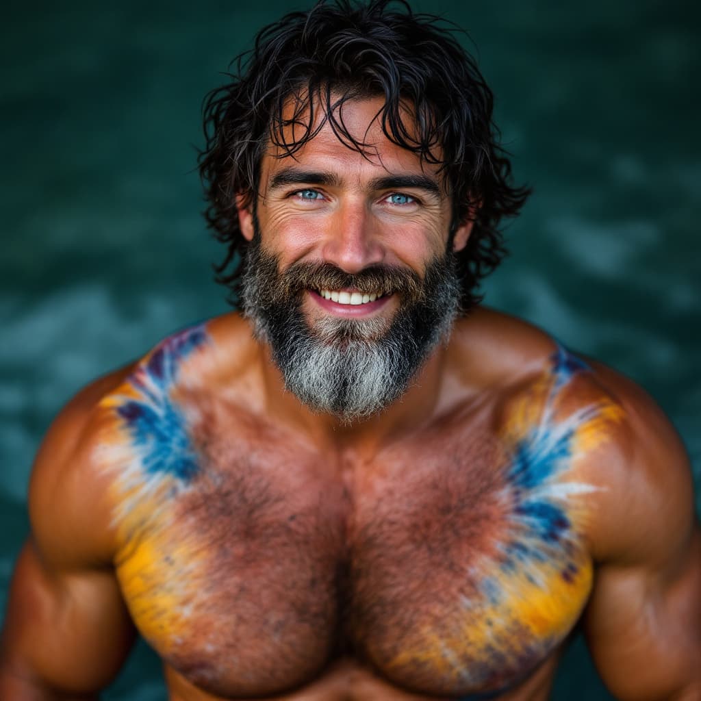 AI generated: male in late 30's, athletic body, hairy chest and stomach, shaggy black hair, thick beard, blue eyes...