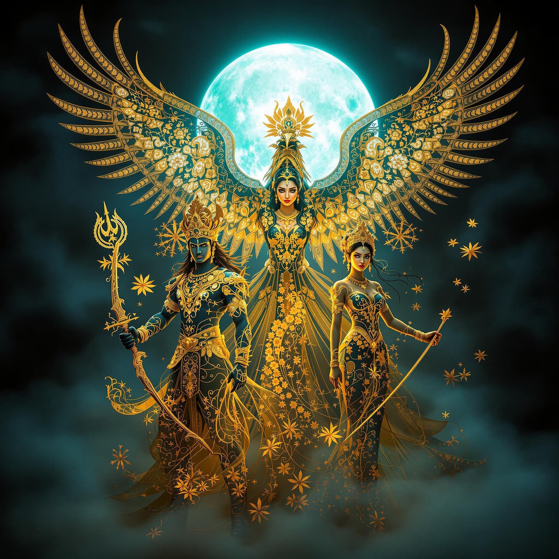 AI generated: An extraordinary {Wayang Lace masterpiece} featuring three iconic characters: {Arjuna, Srikandi, and...
