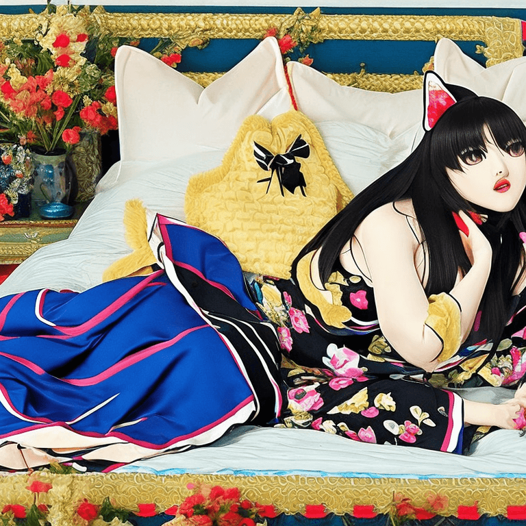 AI generated: animal ear fluff, animal ears, bangs, bed sheet, bikini, black bikini blush, breasts, cat ears, fang...