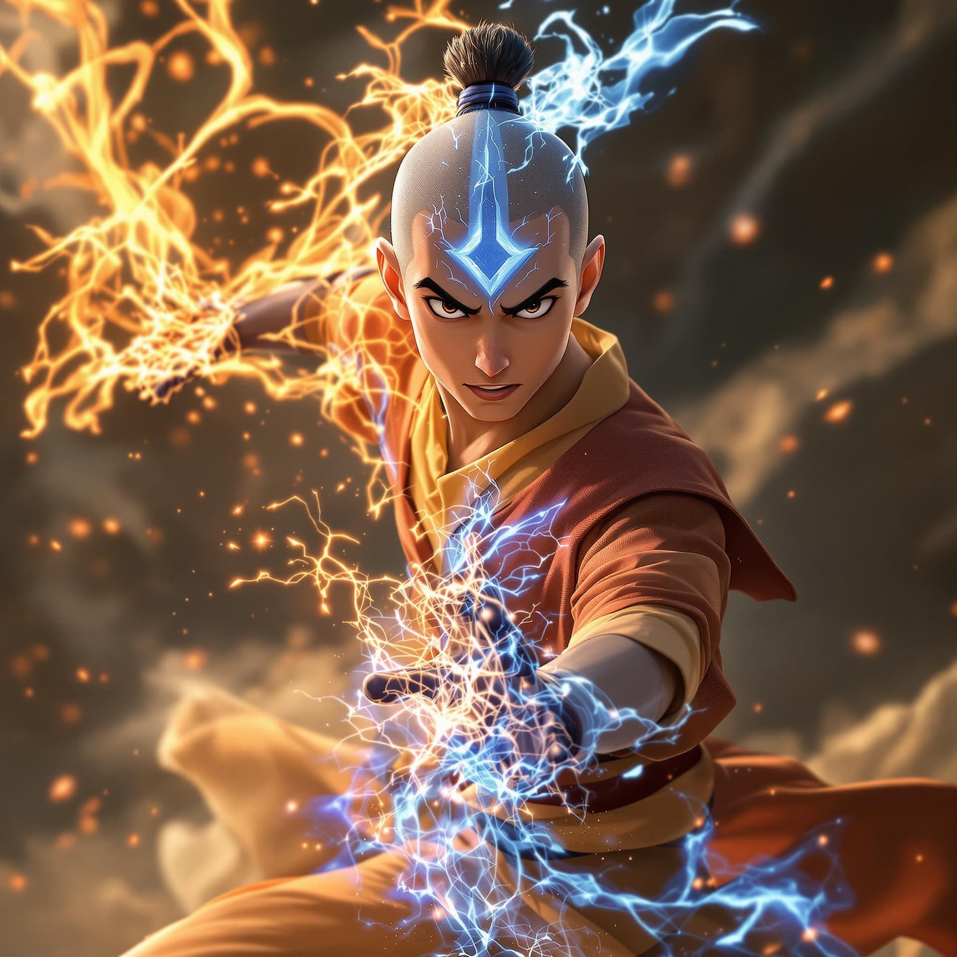 AI generated: Render a realistic depiction of Aang, the last airbender, showcasing his mastery of all bending elem...