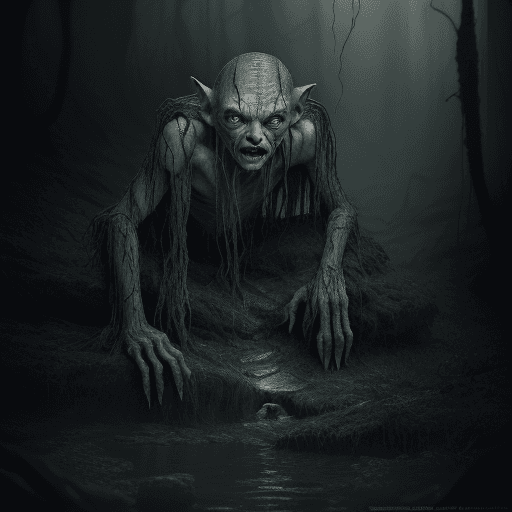 AI generated: glamour shot of Gollum, real full body, Lord of rings, John Tolkien, morbide, dark, very detailed, r...