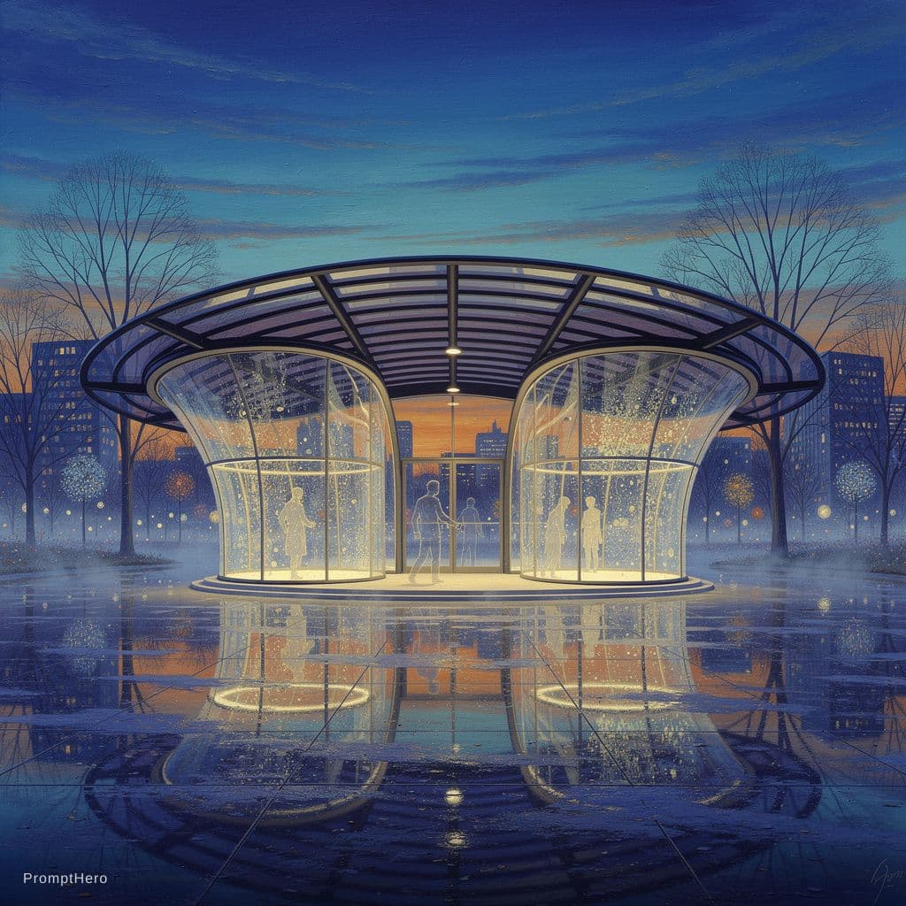 AI generated: modern minimalist architecture, contemporary pavilion design, symmetrical curved structure, panorami...