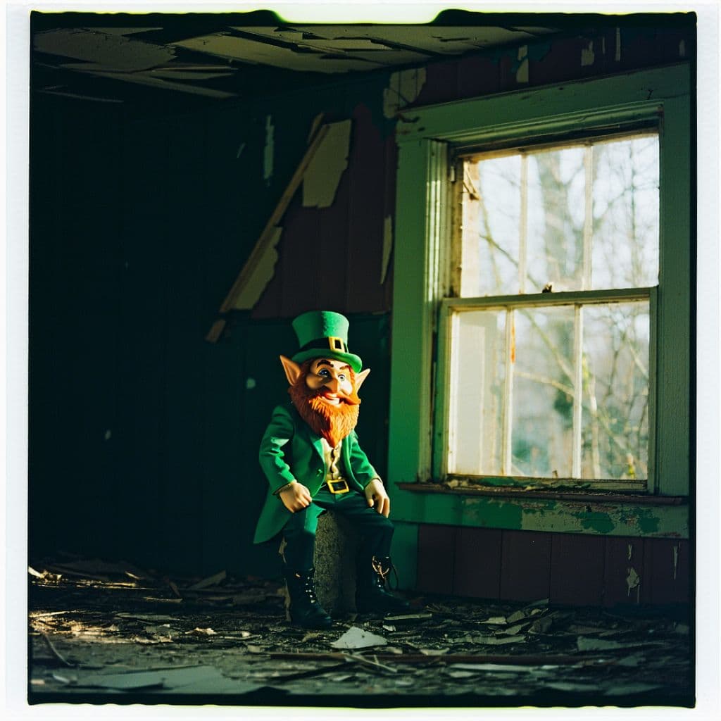 AI generated: grainy 80's photograph quality polaroid of a leprechaun caught in an abandoned house, dark