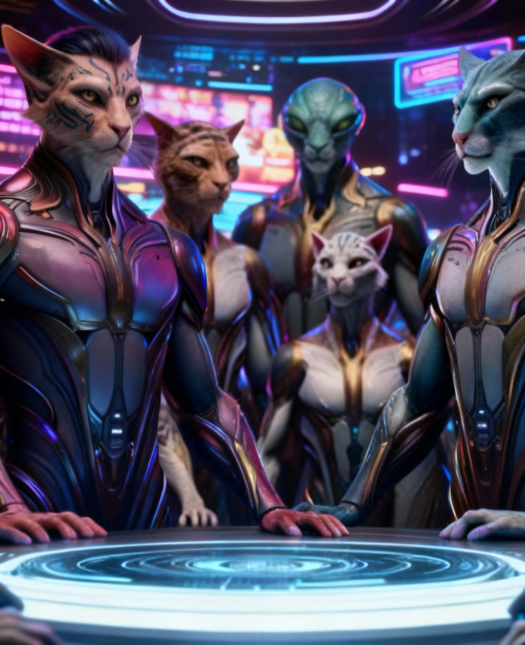 AI generated: Blend anthropomorphic to create a new anthropomorphic, alien hybrid. Give a futuristic Nightlife bac...