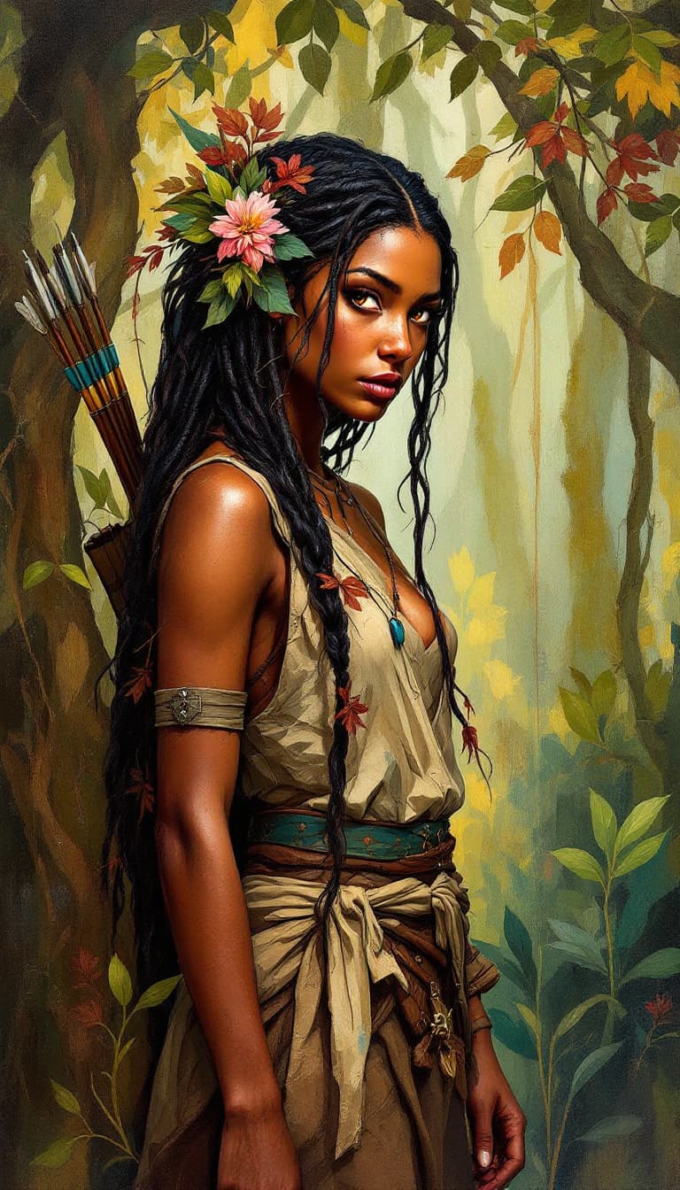 AI generated: "Rosewood Archer in a Whispering Forest": A powerful abstract painting showcases an archer, displayi...