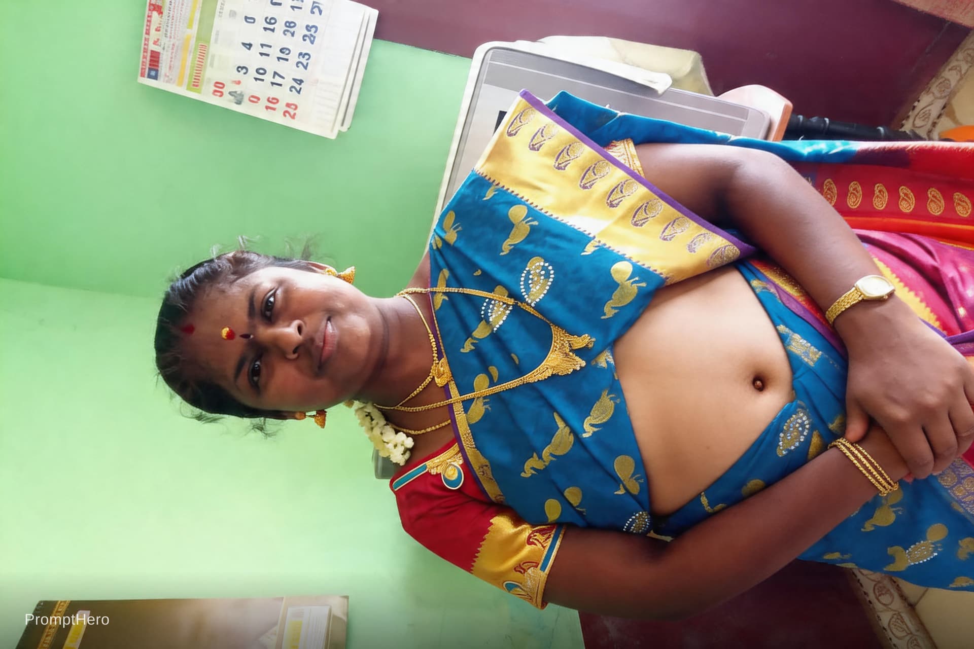 AI generated: Make this image her realistic navel slip gorgeous without changing face details 