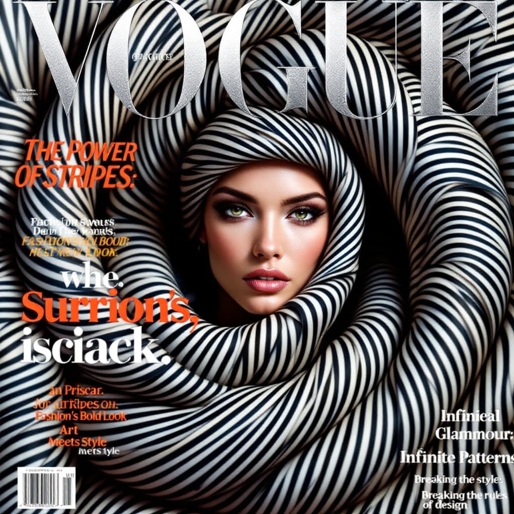 AI generated: VOGUE magazine cover featuring a mesmerizing woman wrapped in a swirling vortex of stripes. The line...