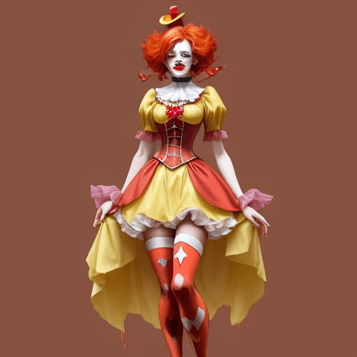 AI generated: a woman dressed as a clown with red hair, in the style of magical girl, colorful moebius, light yell...
