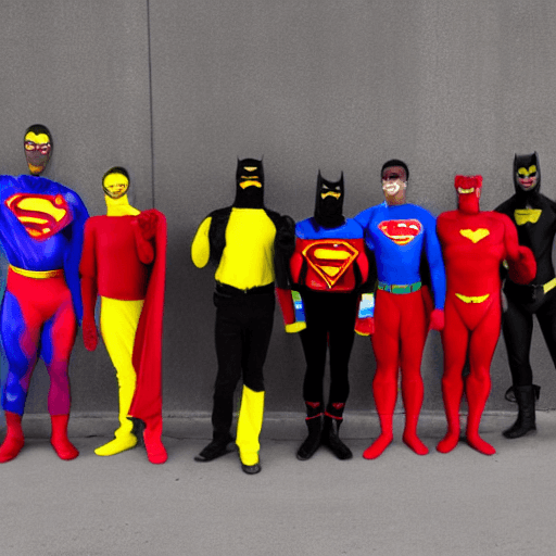 AI generated: 5 black man in different superhero costumes, one in a red and blue  superman suit superhero,the othe...