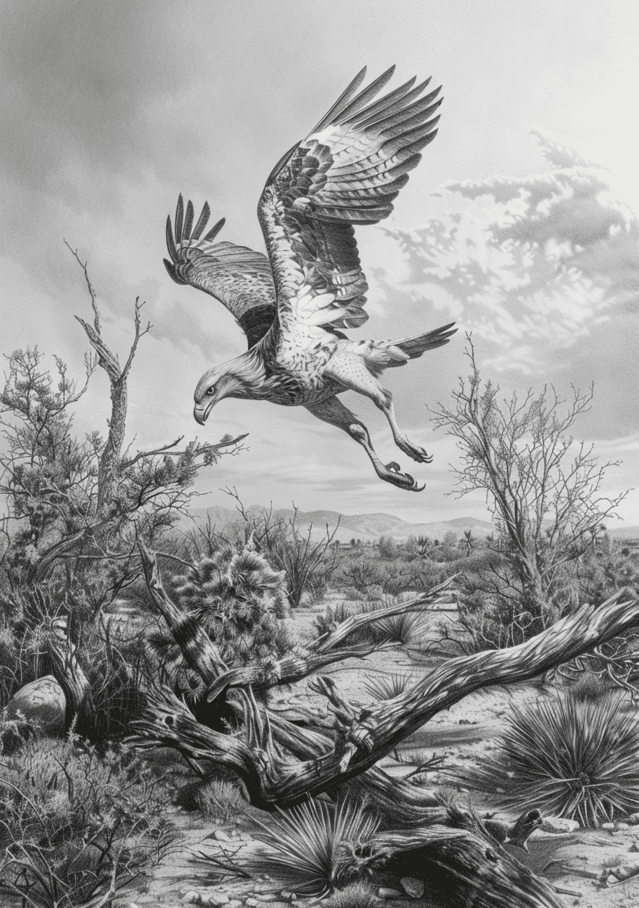 AI generated: A pencil drawing of an eagle carrying away the body of a horse in mid air, background with desert an...
