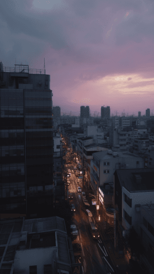 AI generated: Dusk, A bustling cityscape, Overcast with dusky light, shot by Nobuyoshi Araki, cinematic, 3D, dynam...