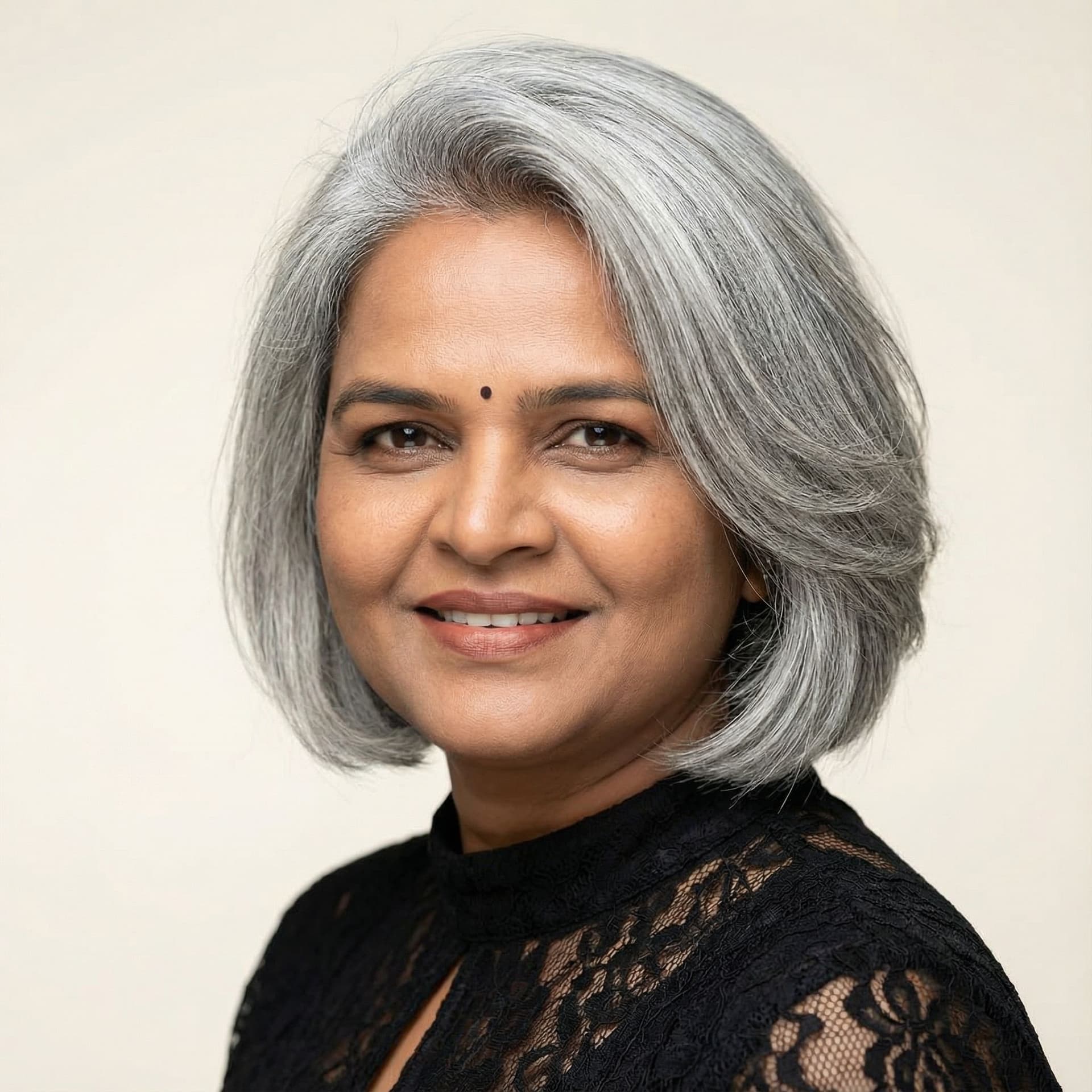 AI generated: hair photography, woman, bob cut hair, silver color, ivory hue background, studio lighting setup, re...
