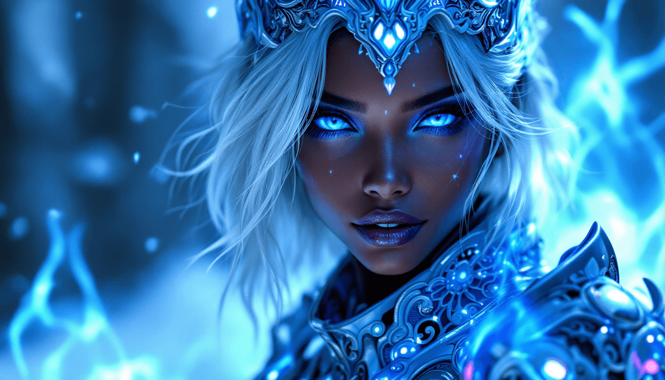 AI generated: Close-up portrait of a young, dark-skinned female figure, with striking, glowing blue eyes and a sub...