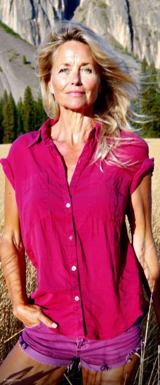 AI generated: A photorealistic portrait of an adult woman with voluminous, windswept blonde hair, captured in a na...