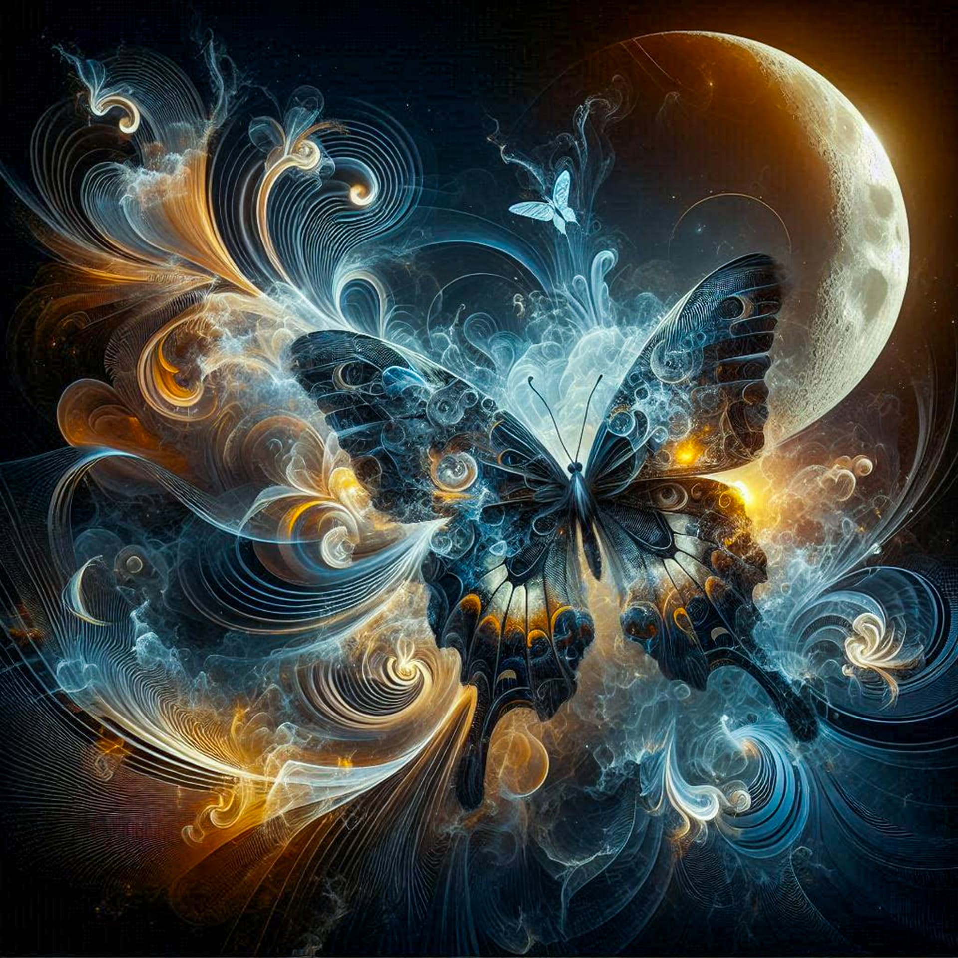 AI generated: an abstract surreal image of a butterfly with a moon in the background and digital smoke, high-resol...