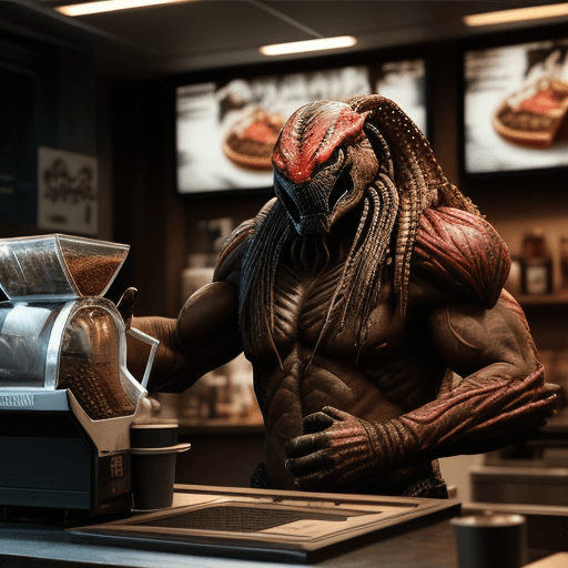AI generated: a predator as seen in Predator movie, full weapon, ordering coffee at coffee counter, full body
