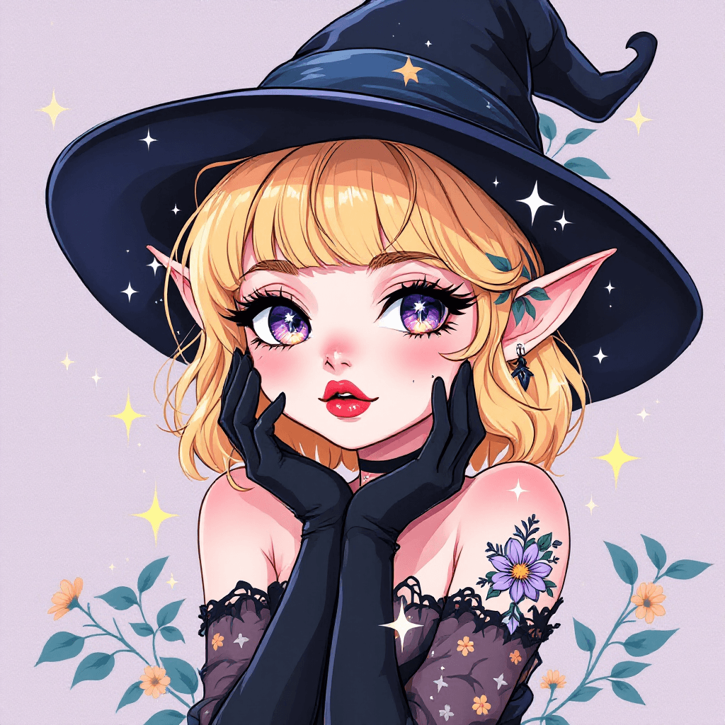 AI generated: Cute anime-style portrait of an elf girl, short blonde hair with bangs, wide-brimmed witch hat, sept...