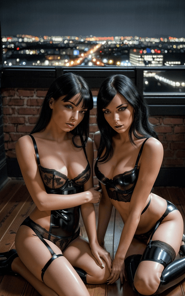 AI generated: 2 attractive womens, sitting on the floor , looking each other eye´s. They are wearing lingerie, bla...