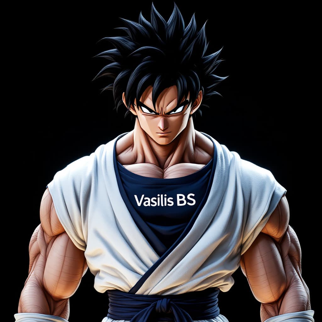 AI generated: Songoku Mastered Ultra Instinct form, wearing his training suite, "VasilisBS" Written on chest fabri...
