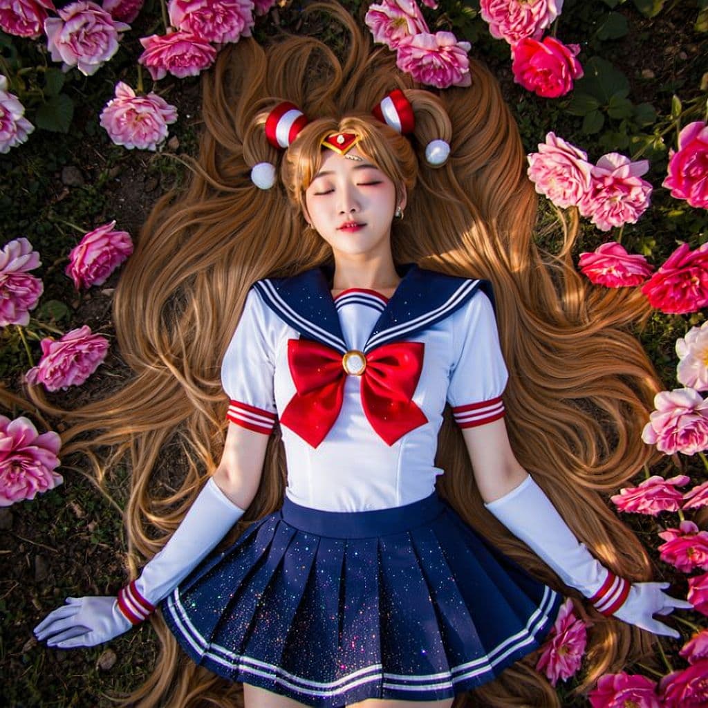 AI generated: A beautiful Japanese girl in an intricately detailed Sailor Moon cosplay outfit, featuring a white f...