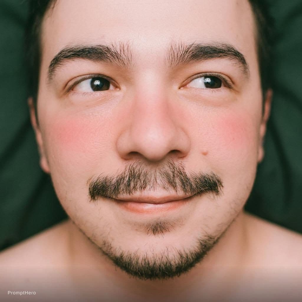 AI generated: Cute soft ahegao face with a bit of blush, soft skin, trimmed mustach, cute boy