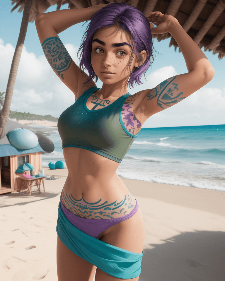 AI generated:  female in her 20's, medium sized, olive skin tone,  stands on a beach, hands behind head, front vie...