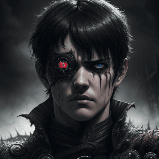 AI generated: Guts, from Berserk series, warlock, eye patch, white strand in bangs, evil look, thoughtful look, at...