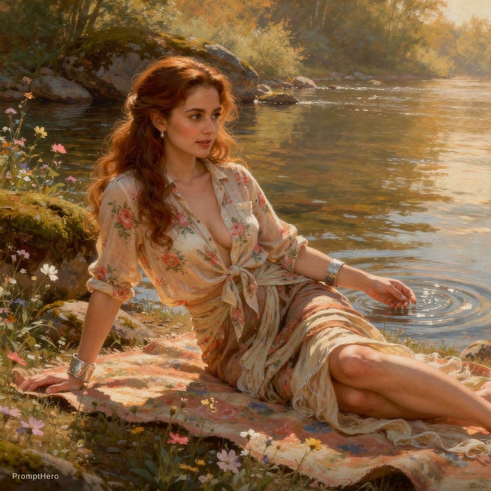AI generated: A candid documentary scene of a petite, curvy woman with auburn waves cascading past her shoulders, ...