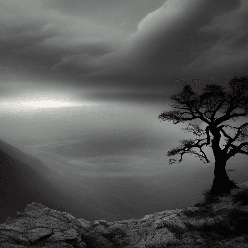 AI generated: mysterious and cinematic landscape featuring a lone figure standing on a cliff overlooking a dark an...