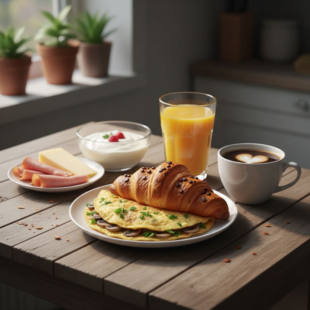 AI generated: healthy breakfast consisting of a chocolate chipped croissant, omelet, ham, cheese, yoghurt, orange ...