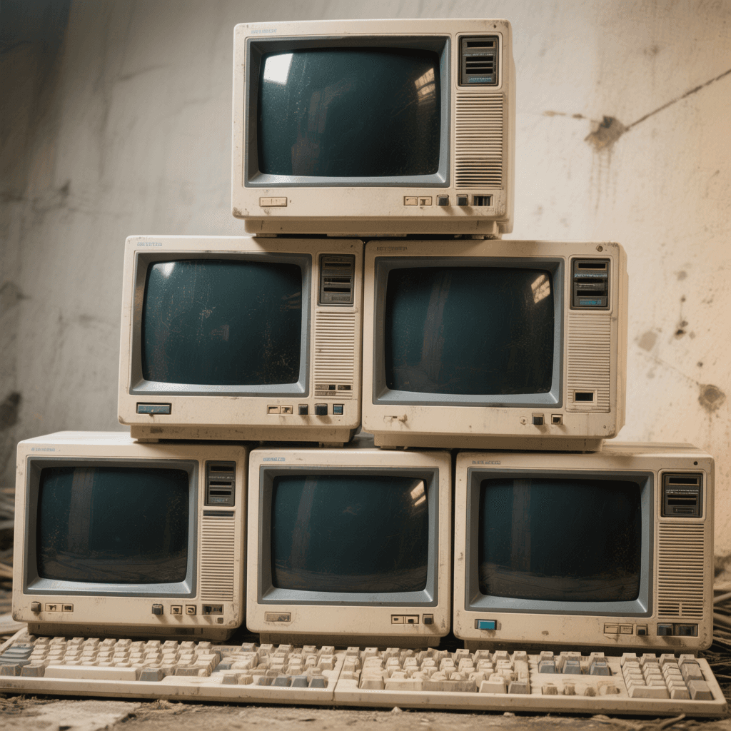 AI generated: Create a 2D comic image of 6 old-school computer monitors stacked on top of each other: 3 at the bot...