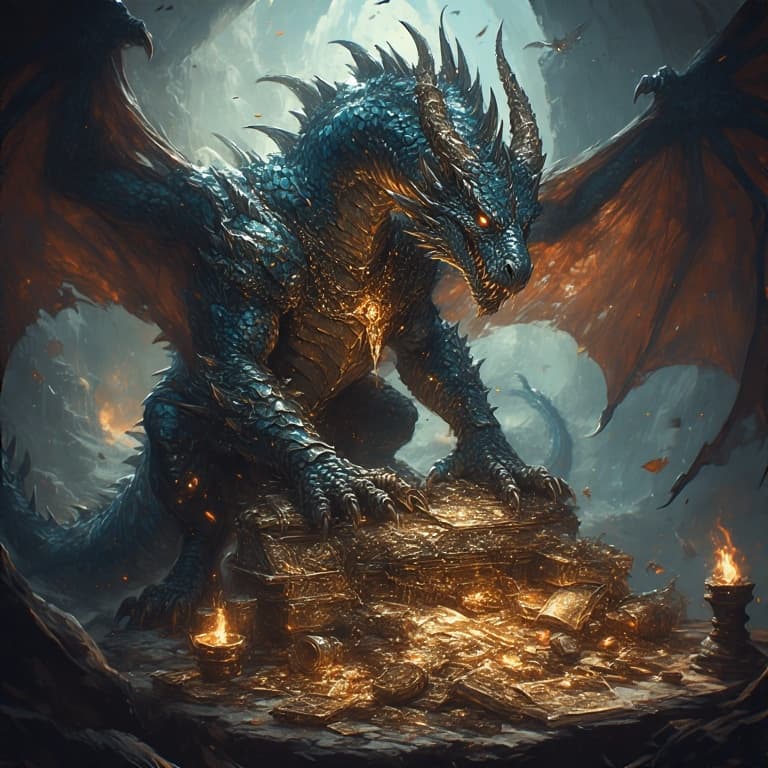 AI generated: ancient dragon guarding atop cursed artifacts