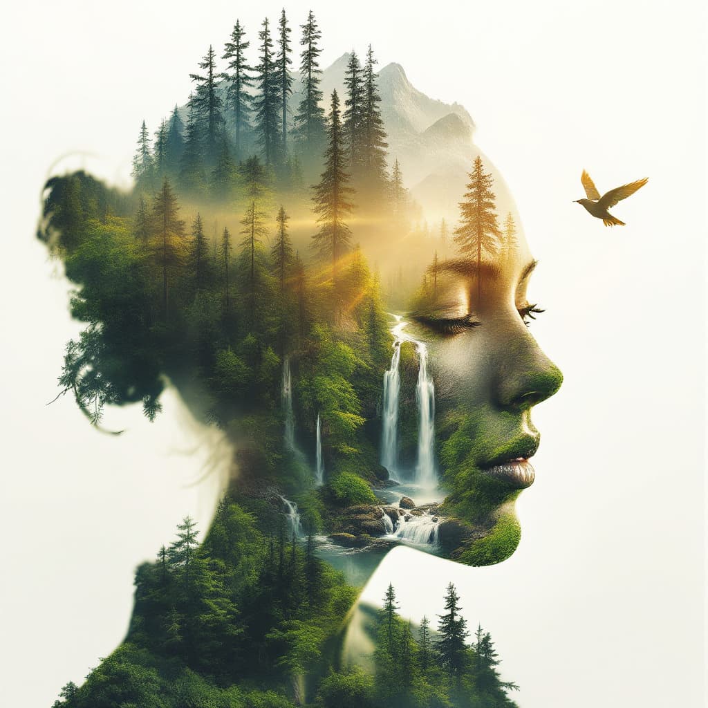 AI generated: A breathtaking double exposure of a person’s face, gently blended with the serene beauty of nature. ...