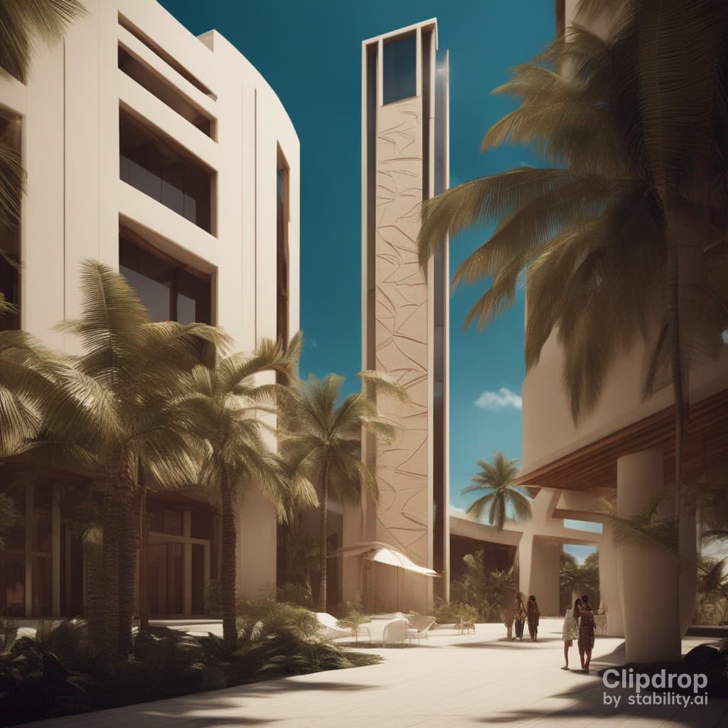 AI generated: Stylish whole modern building design in hieroglyphics patterns:: ultra modern::1 tropical::1.6 techn...
