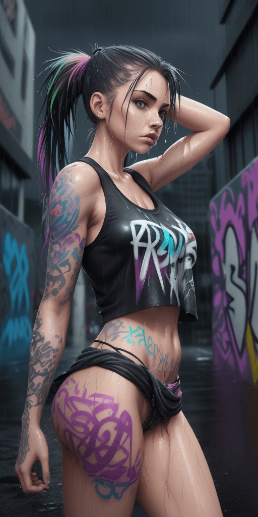 AI generated: masterpiece, concept art, centered, wide shot, front view, 1girl, wet, (rain, night), body tattoo, m...