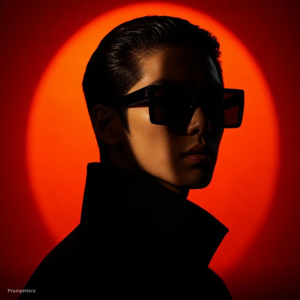 AI generated: A person with slicked-back dark hair wearing oversized square sunglasses is shown in a dramatic, cin...
