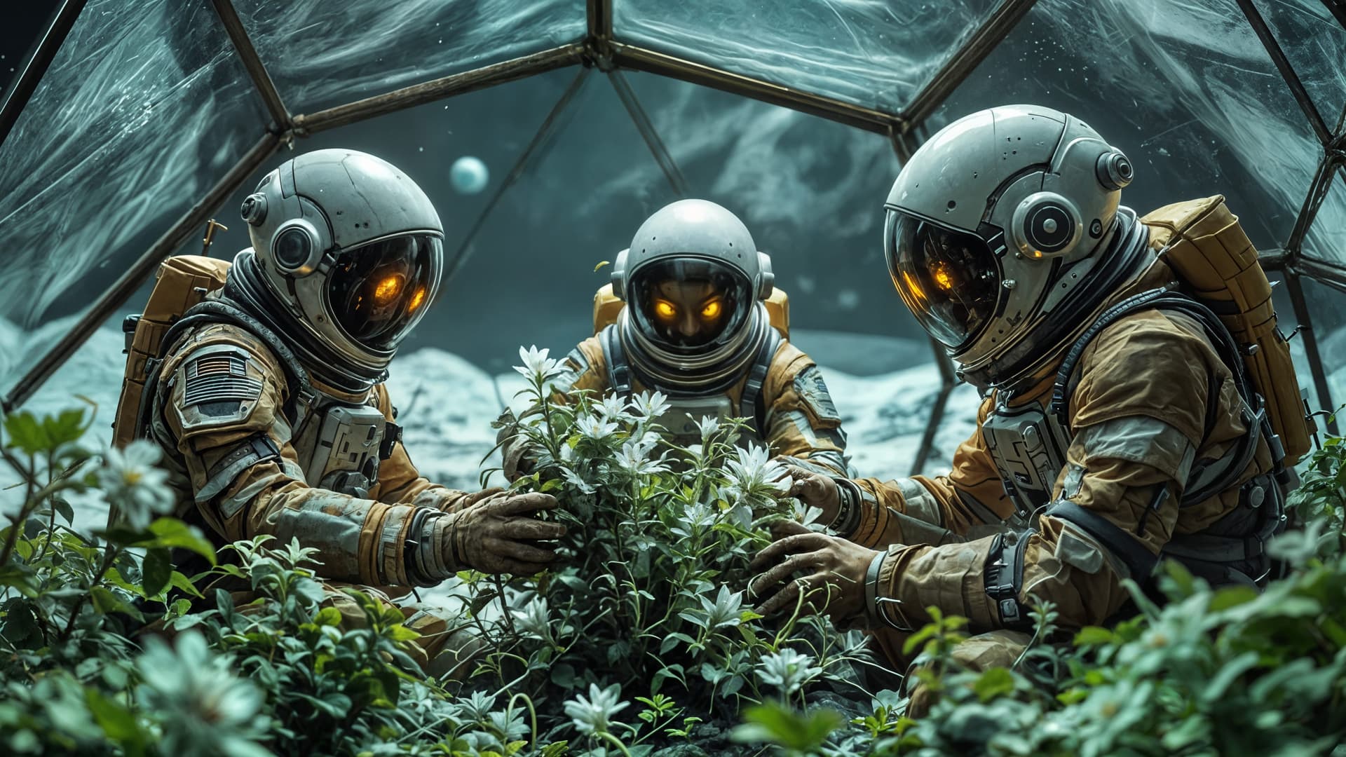 AI generated: Three men in spacesuits tending to the flowers in a geodesic dome of atmosphere on the moon, realist...
