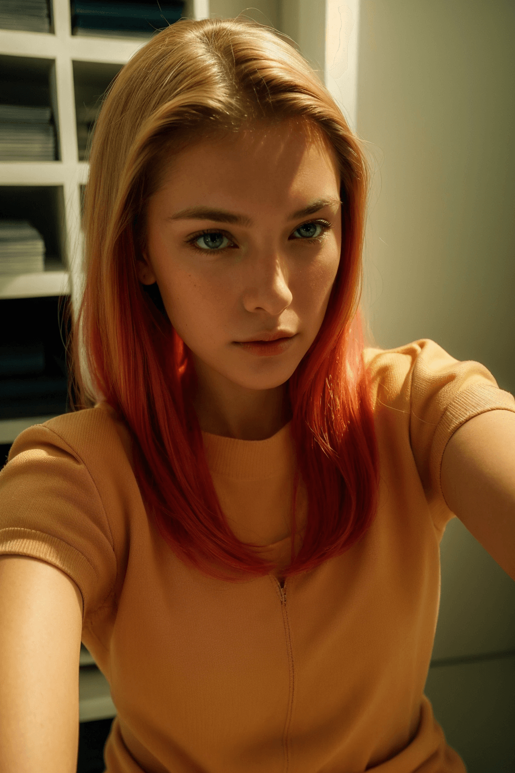 AI generated: a (selfie:1.2) of a pretty russian (young:1.5) 1girl, (teenage:1.5), Skin luster, Rembrandt lighting...