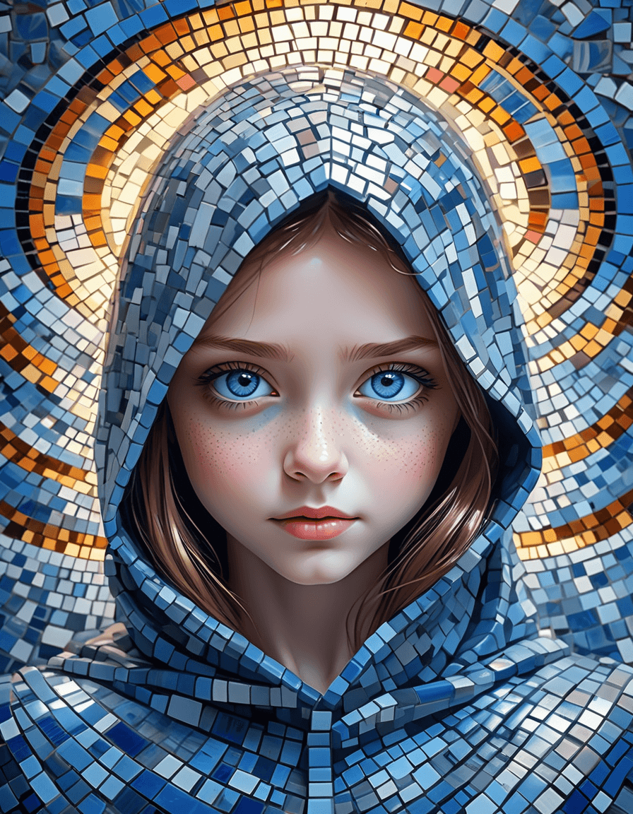 AI generated: the girl has blue eyes, and a lot of mosaic tiles, detailed, intricate, full color, beautiful, cinem...
