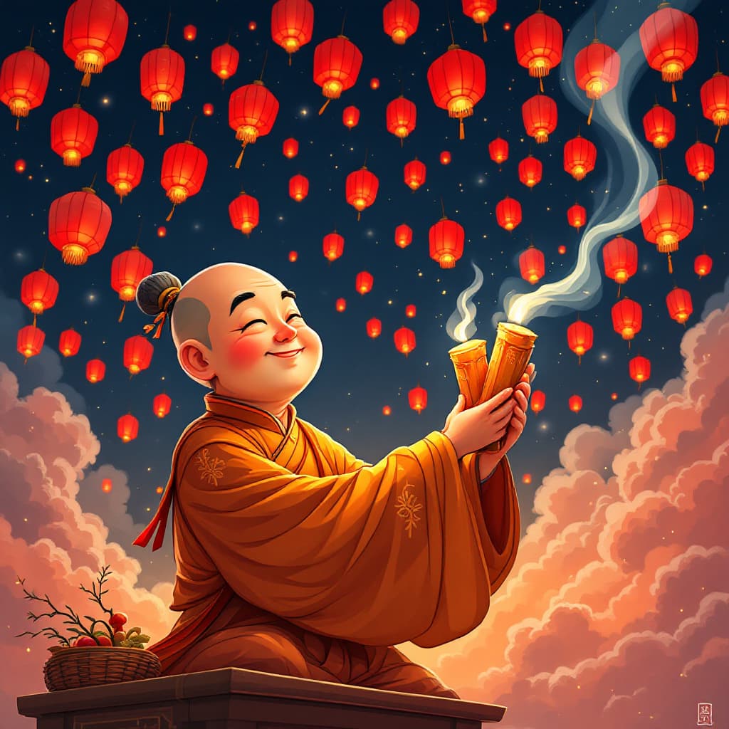 AI generated: A cartoon of a Chinese Taoist priest rendered in Japan, holding three pillars of sandalwood, offerin...
