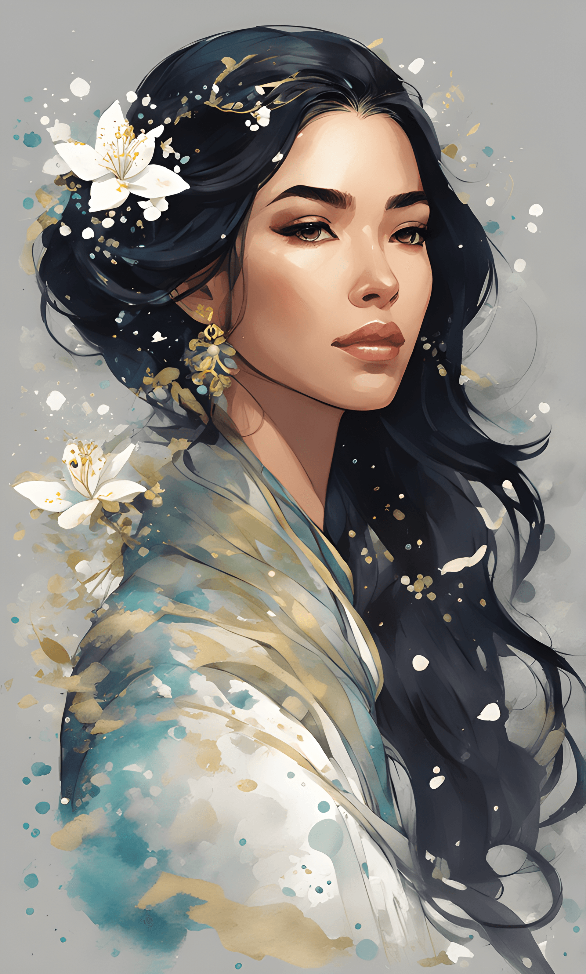 AI generated: wtrcolor style, digital art of (jasmine), official art, blown by the wind, masterpiece, beautiful, (...